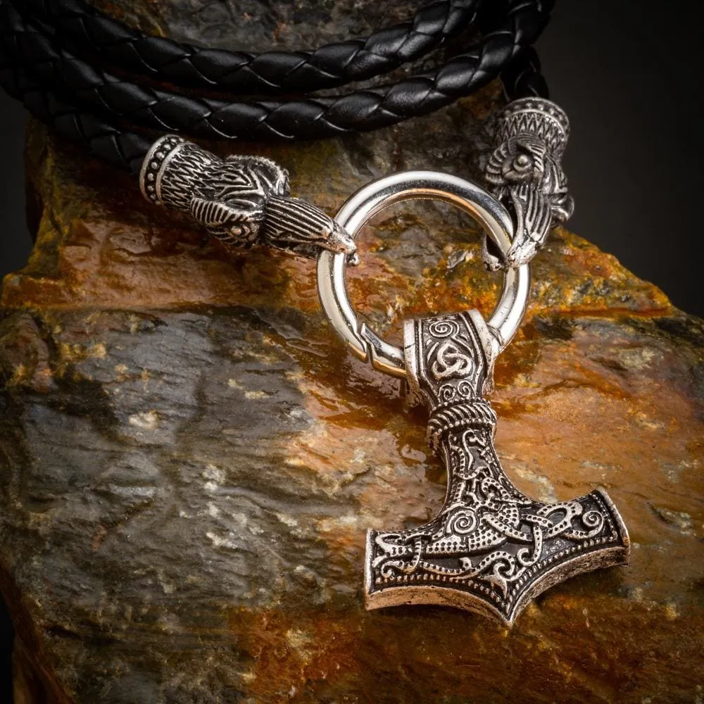 Raven's Head Leather Kings Chain With Thor's Hammer Pendant