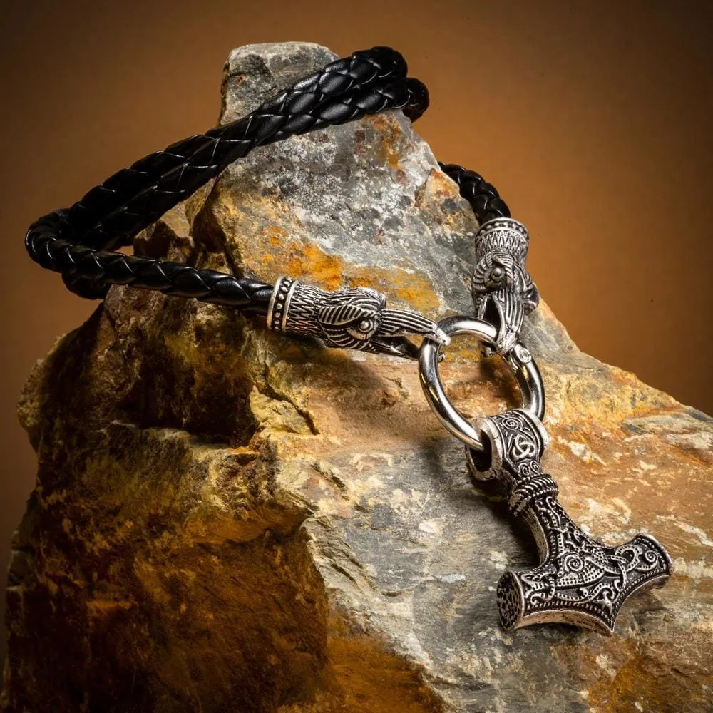 Raven's Head Leather Kings Chain With Thor's Hammer Pendant