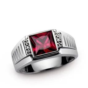 Real 14K Solid  White Gold Men's Ring with Red Ruby and Diamond Accents