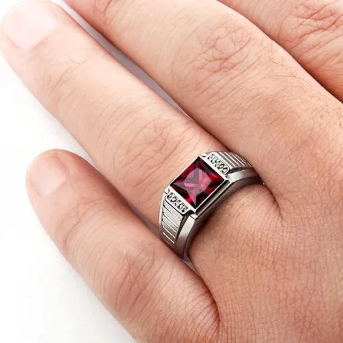 Real 14K Solid  White Gold Men's Ring with Red Ruby and Diamond Accents