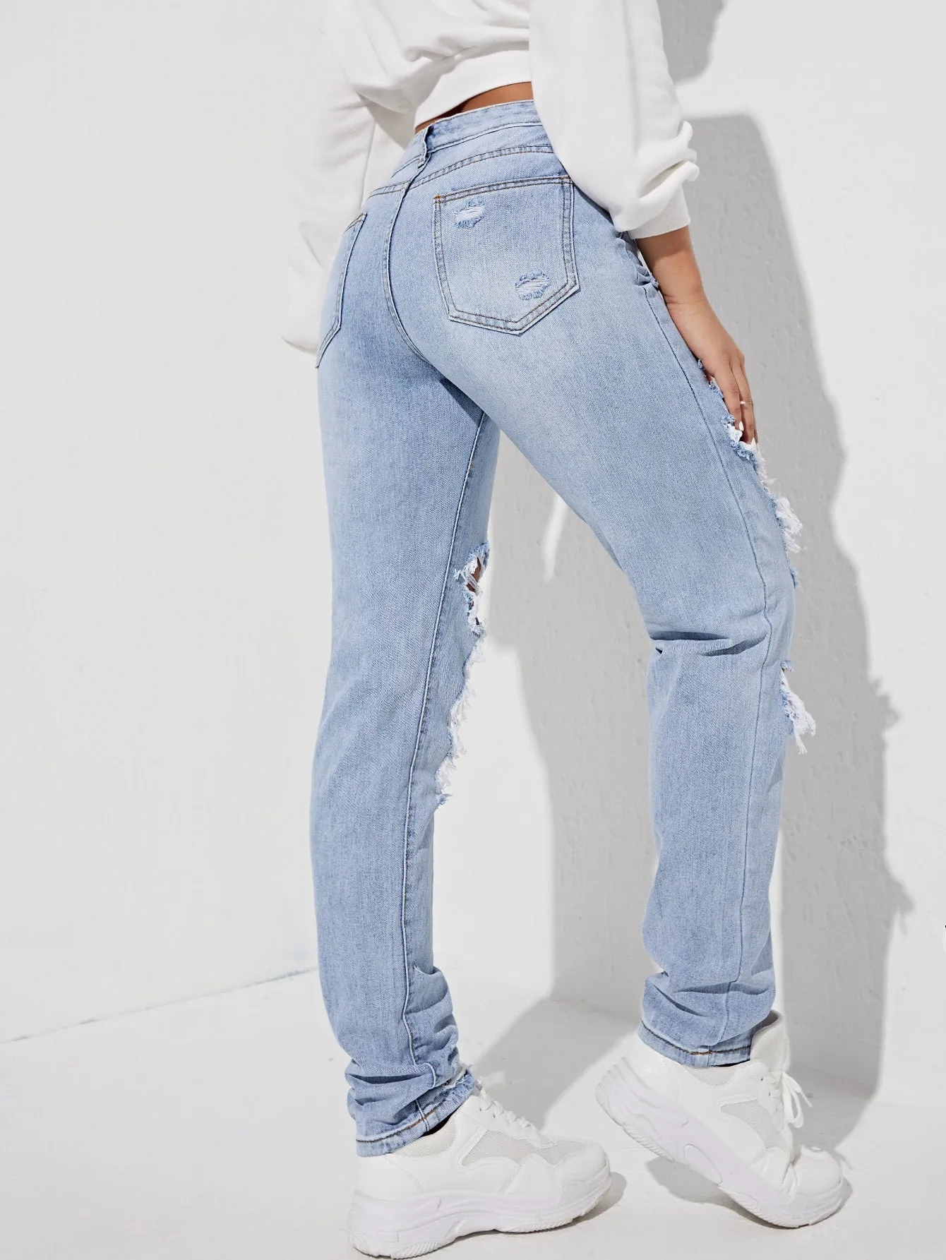 Ripped Detail Straight Leg Jeans