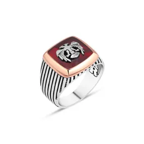 Seljuk Eagle on Enameled Wood Square Silver Men's Ring with Stripe Pattern