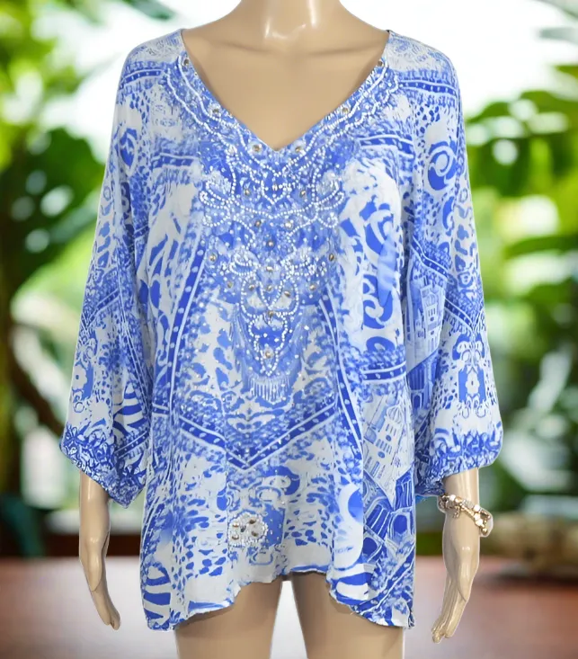 Silk Embellished Gypsy Top -Lima Blue-Fashion Spectrum