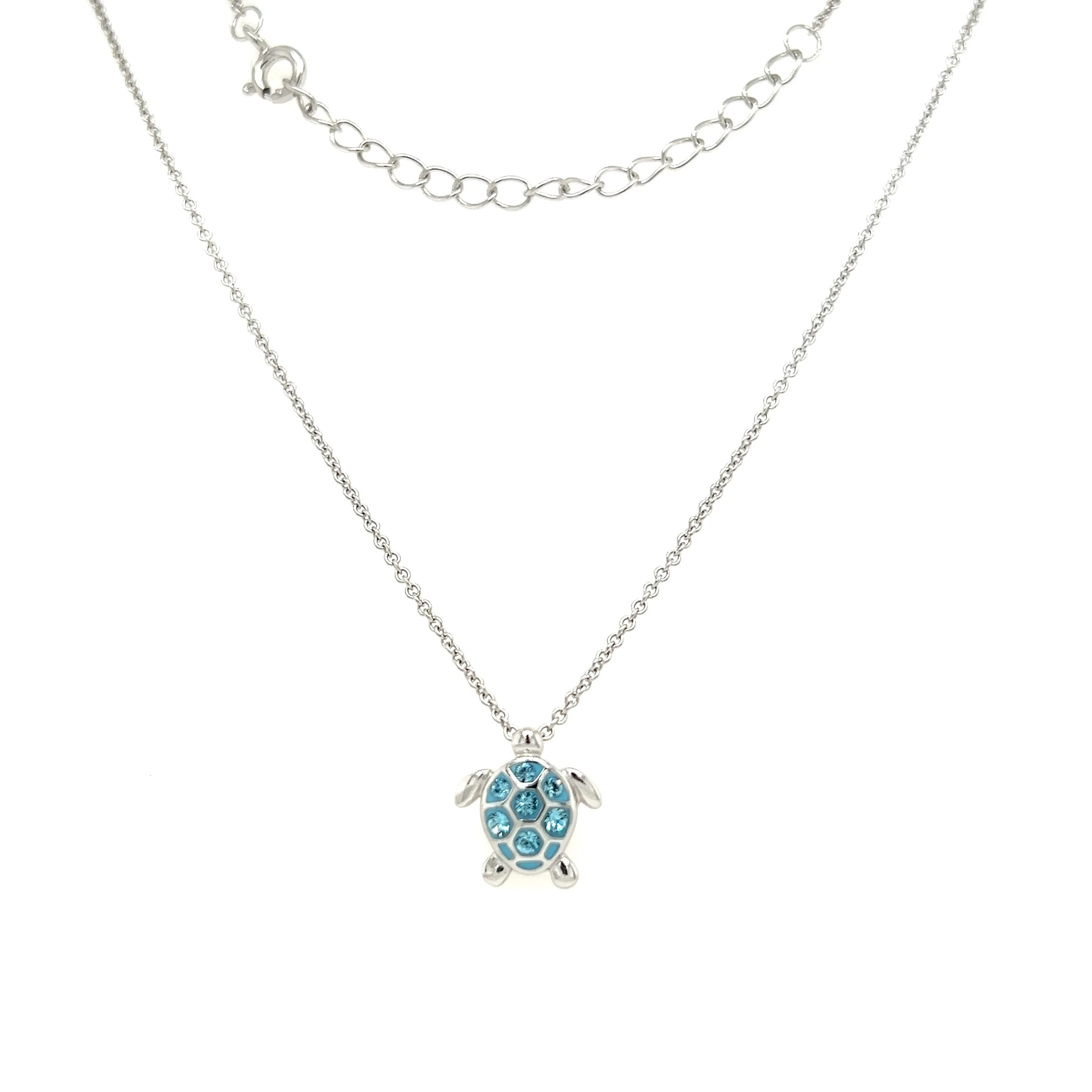 Small Turtle Necklace with Aquamarine Crystals in Sterling Silver