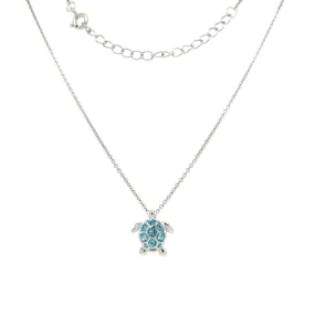 Small Turtle Necklace with Aquamarine Crystals in Sterling Silver