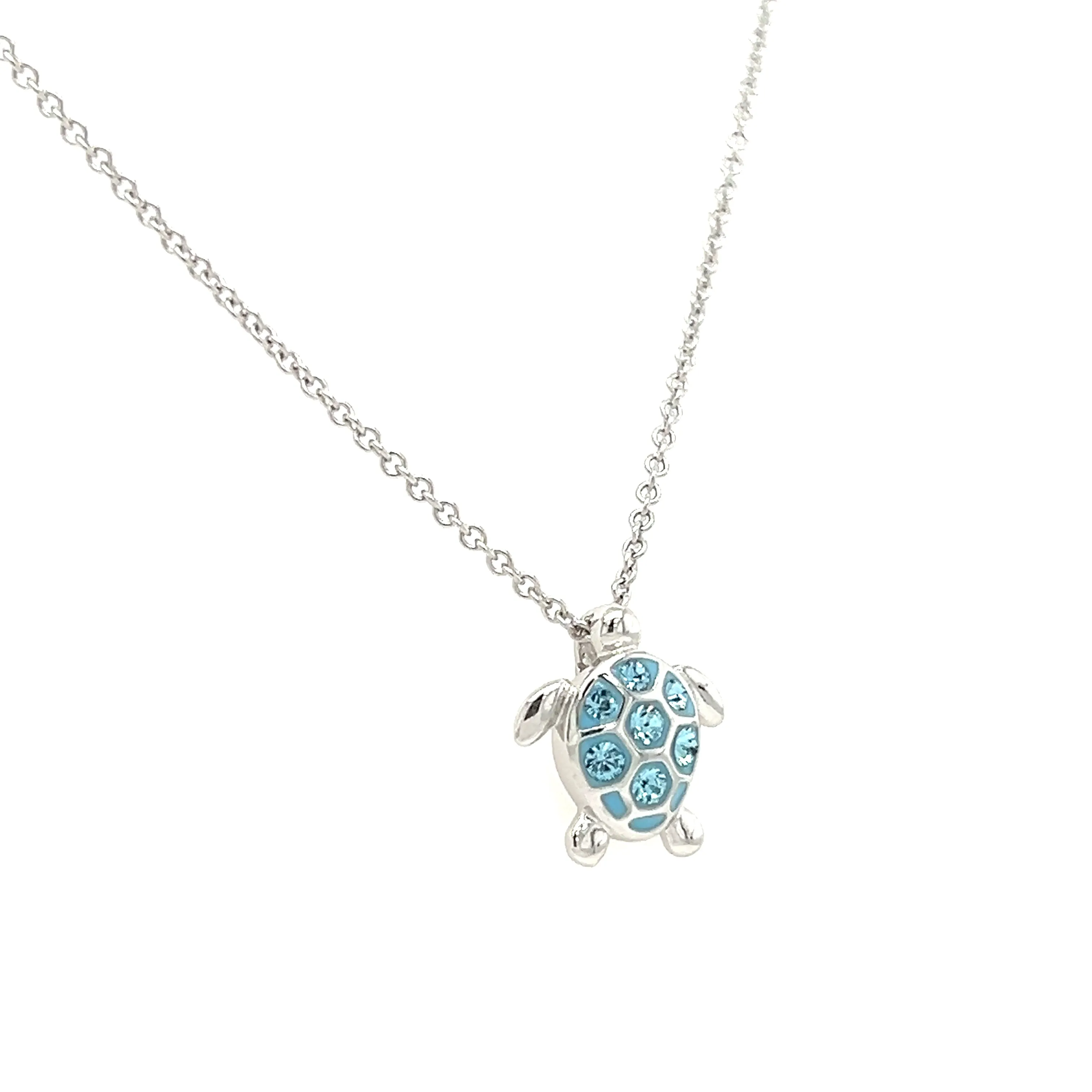 Small Turtle Necklace with Aquamarine Crystals in Sterling Silver