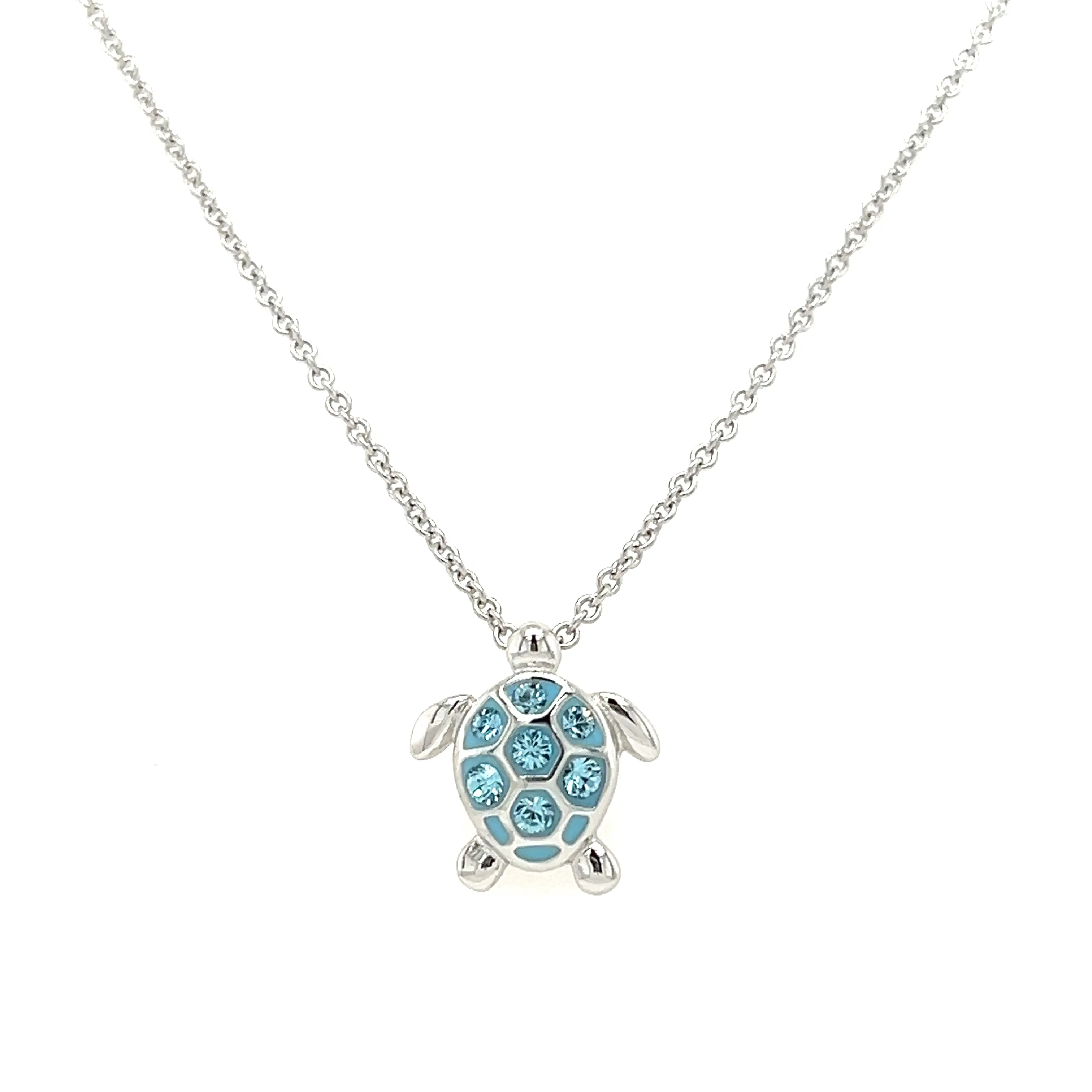 Small Turtle Necklace with Aquamarine Crystals in Sterling Silver