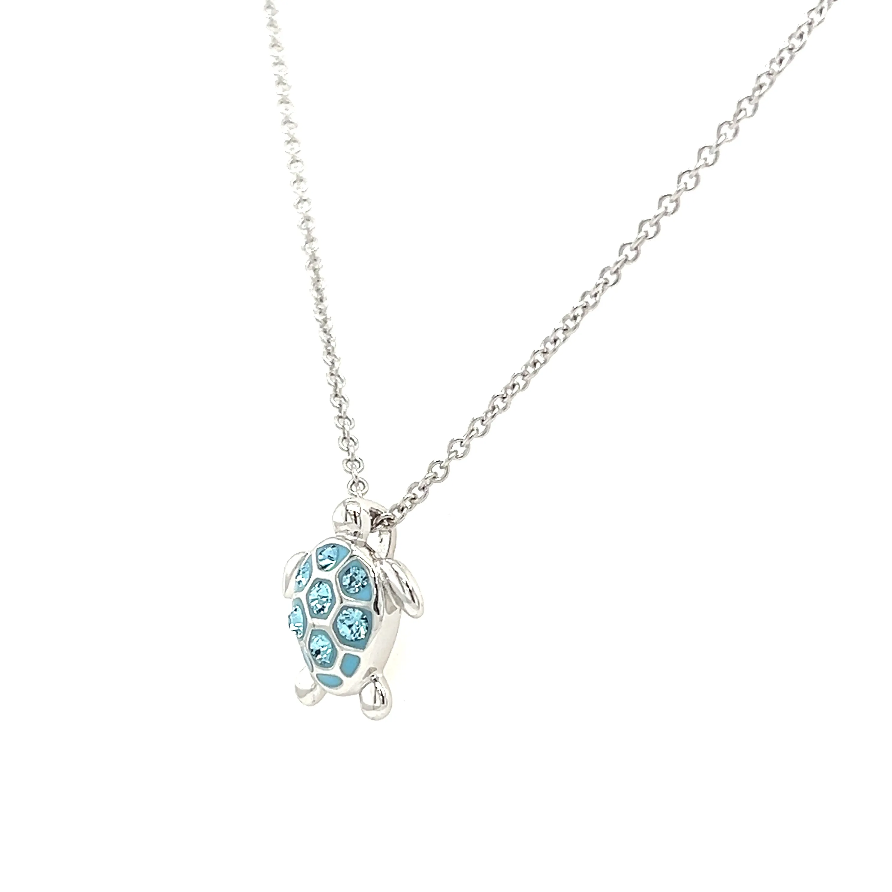 Small Turtle Necklace with Aquamarine Crystals in Sterling Silver