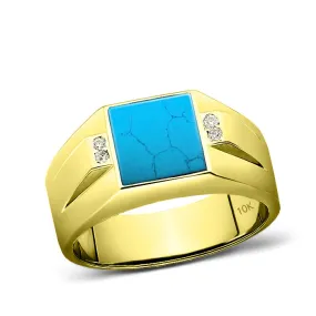 Solid 10K Fine Gold Turquoise Ring for Men with 4 Natural Diamonds