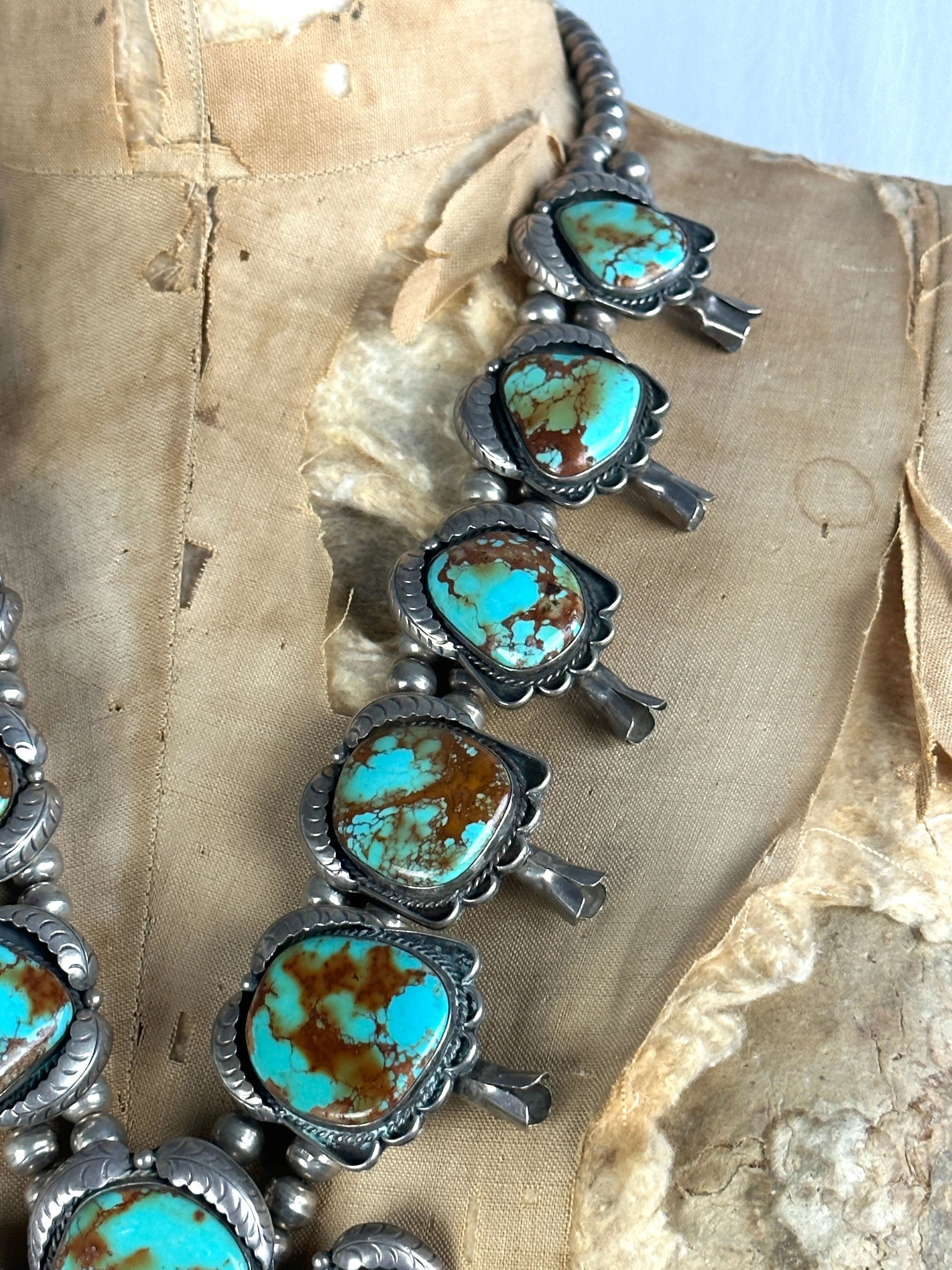 SQUASH BLOSSOM Large Royston Turquoise & Silver Necklace