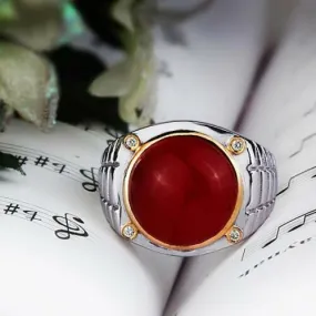 Sterling Silver Men's Ring with 4 NATURAL DIAMONDS and Red Agate Gemstone