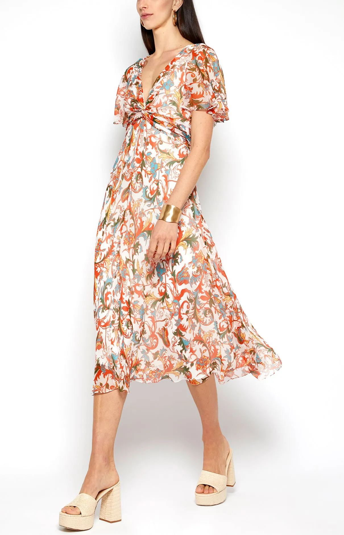 TWIST FRONT FLUTTER SLEEVE MIDI DRESS