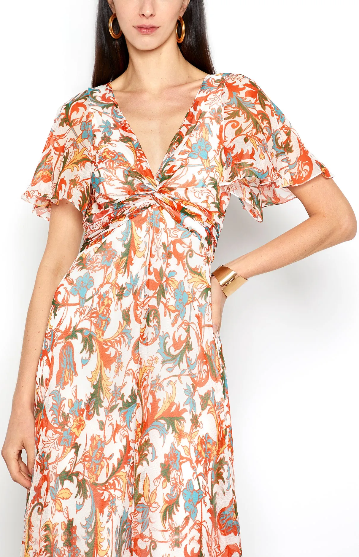 TWIST FRONT FLUTTER SLEEVE MIDI DRESS