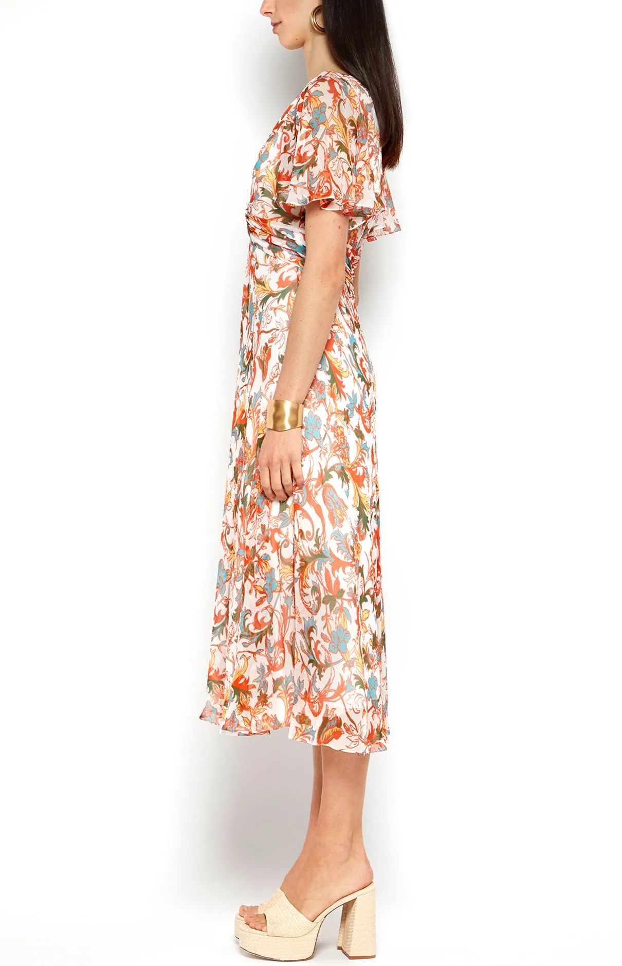 TWIST FRONT FLUTTER SLEEVE MIDI DRESS