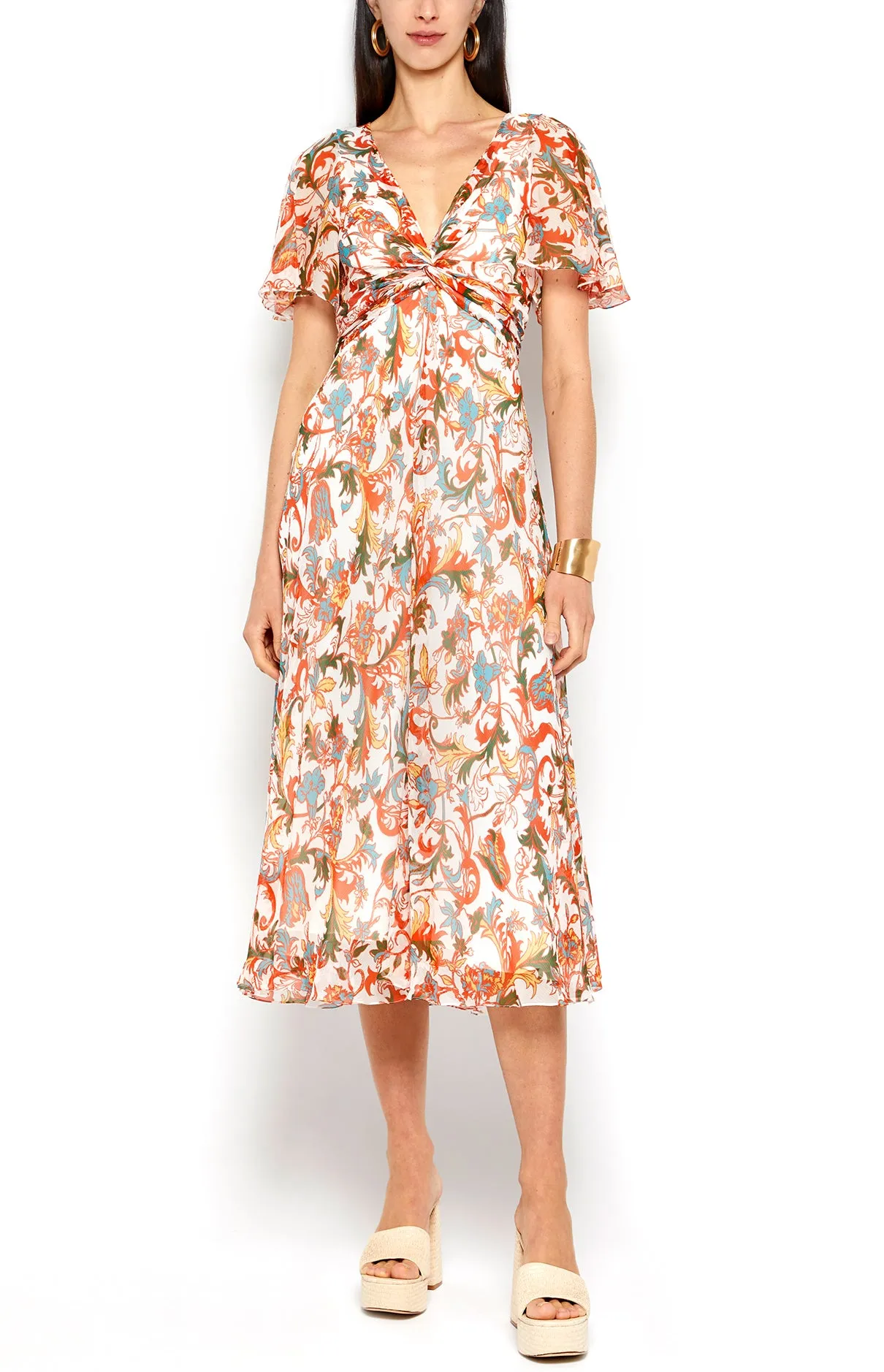 TWIST FRONT FLUTTER SLEEVE MIDI DRESS